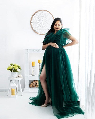 Buy Bottle Green Gown In Beads Embellished Net With Shimmering Sequins  Underlayer And Plunging Neckline Online - Kalki Fashion